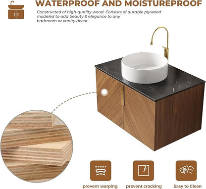 LKTART Floating Vanity Bathroom 30 inch, Modern Wall Mounted Bathroom Storage Cabinet with 2 Doors, Black Sintered Stone Countertop and White Round Ceramic Basin, Brown
