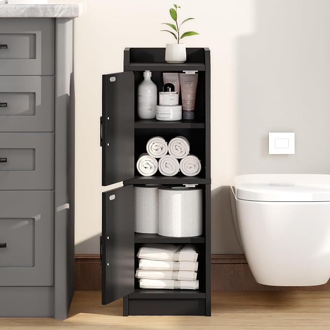 Narrow Bathroom Storage Cabinet with 2 Doors and Shelves, 9.8" W Small Storage Cabinet for Toilet Paper Storage, Slim Cabinet for Small Spaces, Bathroom, Kitchen, 9.8" W × 7.9" D × 29.5" H, Black