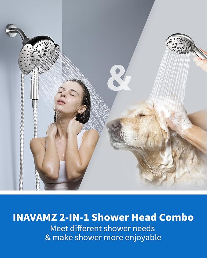 2 in 1 Shower Head with Handheld Combo High Pressure Nickel 1.8 GPM | 7.2" Rain Showerhead and 10 Spray Hand Held Shower, Adjustable Shower Angle, 59-inch Rotatable Stainless Steel Hose