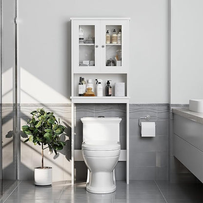 Over The Toilet Storage Cabinet for Bathroom, Storage Organizer Over Toilet, Space Saver with Tempered Glass Doors, White