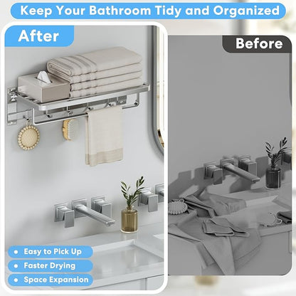 90°Foldable Towel Rack for Bathroom, 23 Inch Wall Mounted Towel Holder with Shelf & 5 Hooks, Rustproof Space Aluminum Towel Bar, Hotel, Kitchen, Laundry, Silver