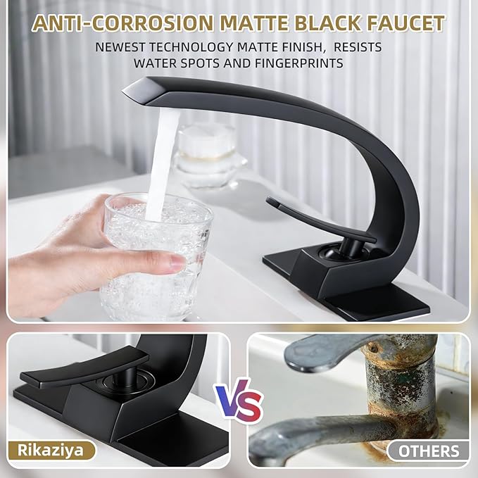 Matte Black Bathroom Sink Vanity Elegance Swan Faucet for 1 Hole with 6-Inch 3 Hole Deckplate,Rikaziya Bathroom Fixtures Faucets Pop Up Overflow Drain with 9/16" Supply Hose and to 1/2" Adapter Combo