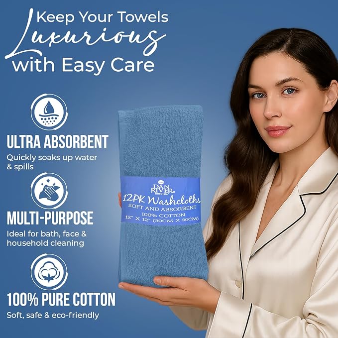 DAN RIVER 12 Pack Cotton Wash Cloths Set for Showering [12x12] M Blue | Lighter Weight, Quick to Dry, Super Soft & Absorbent Face Towels, Hotel Quality, Perfect for Bathroom, Gym, Spa