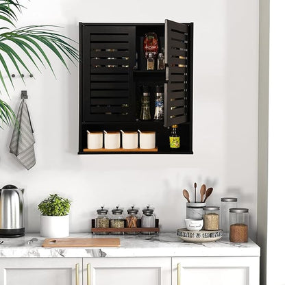 HYNAWIN Black Wall Mounted Bathroom Storage Cabinet with Shutter Doors, Adjustable Shelf, Magnetic Lock & Open Shelf for Kitchen, Living Room, or Entryway