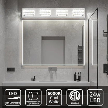 OKELI Crystal Vanity Lights LED Bathroom Vanity Light Fixture Over Mirror Modern Indoor Mirror Front Lamp, 6000K Cold White Dimmable, 4-Lights, 24W, ETL Listed