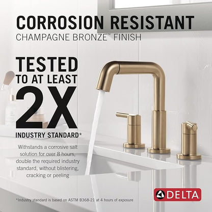 Delta Nicoli Brushed Gold Bathroom Faucet with Sprayer, 8 Inch 3 Hole Widespread Bathroom Sink Faucet with Pull Out Sprayer, Push-Pop Drain, Champagne Bronze 35849LF-CZPD