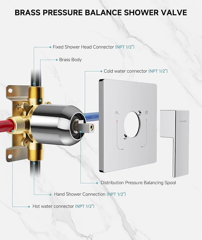 SR SUN RISE Shower Faucet Set & System - 10 Inch Rainfall Shower Head & Handle Set Wall Mounted Polished Chrome Solid Brass Valve Trim Kit Included