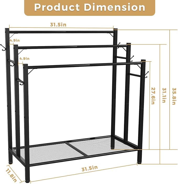 HavenlyYouth 3 Tier Towel Rack with Large Storage & 6 Hooks, Blanket Rack for Oversized Bath Towels, Free Standing Pool Towel Rack Stand for Bathroom Pool Indoor/Outdoor, 35.8" H x 31.5" L x 11.8" W
