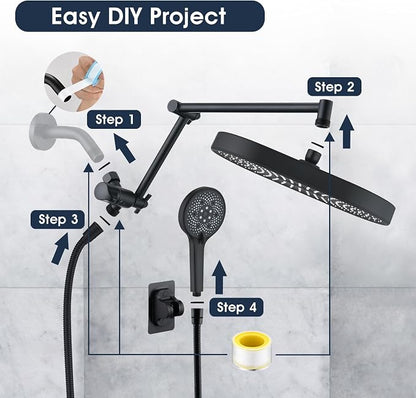 PDPBath 14 Inch Rain Shower Head with 5+1 Settings Handheld Spray Combo, High Pressure Rainfall Shower Head with 16'' Upgrade Adjustable Extension Arm, 79" Extra Long Hose, 3-Way Diverter, Matte Black