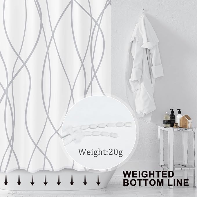 Striped Shower Curtain for Bathroom, Grey White, 84" W x 72" L | with Hooks, Modern Hotel Style, Water Repellent, Washable, Weighted Hem
