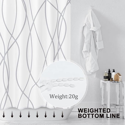 Striped Shower Curtain for Bathroom, Grey White, 60" W x 72" L | with Hooks, Modern Hotel Style, Water Repellent, Washable, Weighted Hem