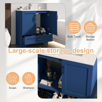 30 inch Bathroom Vanity with Sink, Modern Blue Vanity for Bathroom with Undermount Ceramic Sink, Freestanding 2-Door & 1-Drawer Storage Cabinet, for Small Bathroom Space, (Blue, 30")