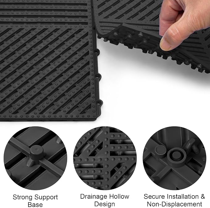 Modular Interlocking Cushion 12 Pack 11.8" x 11.8" Rubber Floor Tiles Non-Slip Splicing Drainage Mats for Deck, Pool, Shower, Patio, Balcony, Bathroom, Kitchen, Yard (1 Rows Dots, Black)