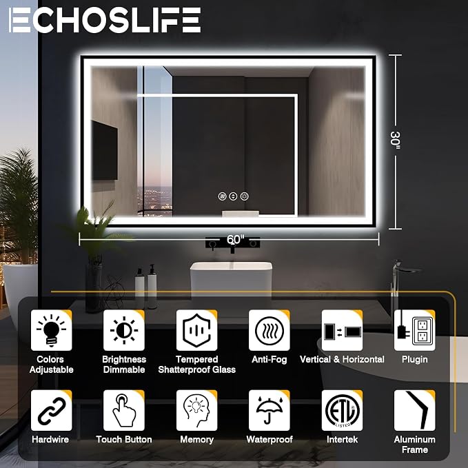 EchosLife 60x30 Large LED Bathroom Vanity Mirror - Black Aluminum Framed | Black Frame, Front and Backlit, Anti-Fog, Stepless Dimmable, 3 Colors, Memory, Tempered Glass, UL Listed, Horizontal/Vertical