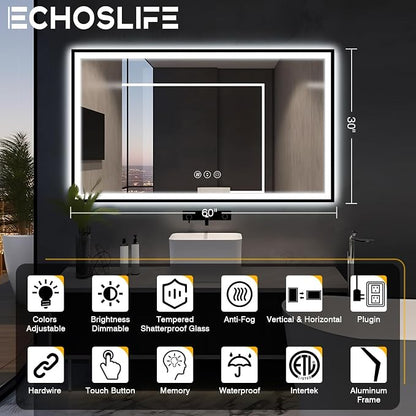 EchosLife 60x30 Large LED Bathroom Vanity Mirror - Black Aluminum Framed | Black Frame, Front and Backlit, Anti-Fog, Stepless Dimmable, 3 Colors, Memory, Tempered Glass, UL Listed, Horizontal/Vertical