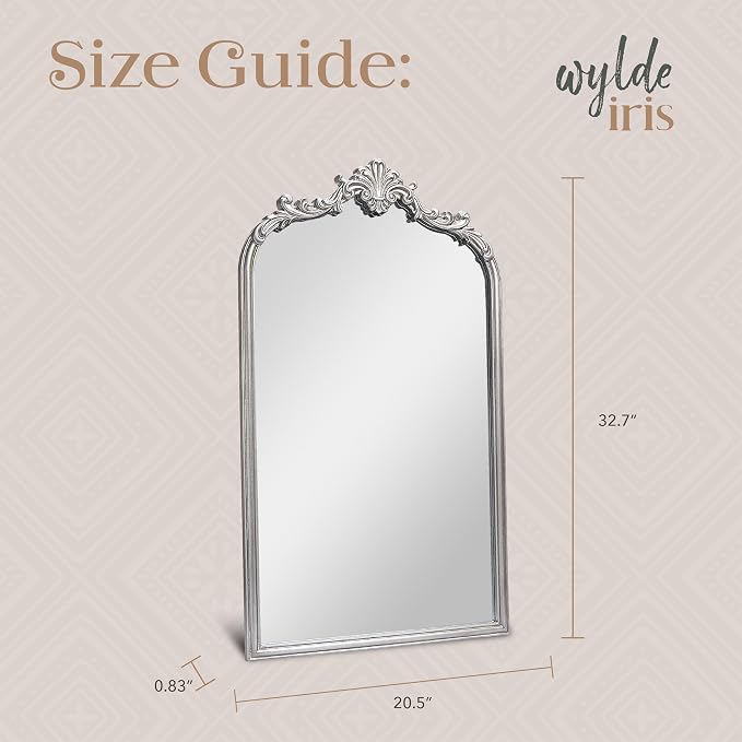 English Estate Carved Arch Wood Wall Mirror, Mirror for Entryway, Living Room, Bathroom, Antique Silver, 20.4x33