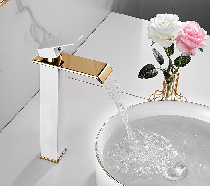 Bathroom Vessel Sink Faucet White Gold Waterfall Single Handle One Hole Bowl Sink Faucet Vanity Lavatory Faucets Tall Bath Deck Mount Basin Tap Supply Lines Hose Commercial