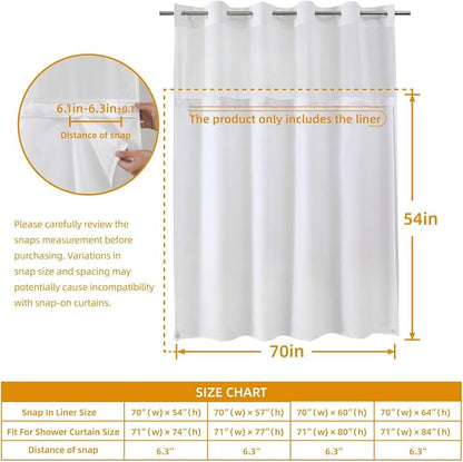 eachope 1 Pack Fabric Snap-in Shower Curtain Liner Replacement,Compatible with No Hook Shower Curtain with Snap in Liner, Removable & Water-Repellent,Machine Washable,70x54,White