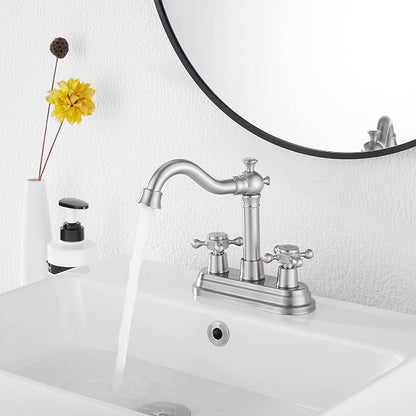 Bathroom Faucet Brushed Nickel GGStudy 2 Handles 4 Inches Centerset Bathroom Vanity with Drain Assembly and Supply Hose Lavatory Mixer Double Handle Tap