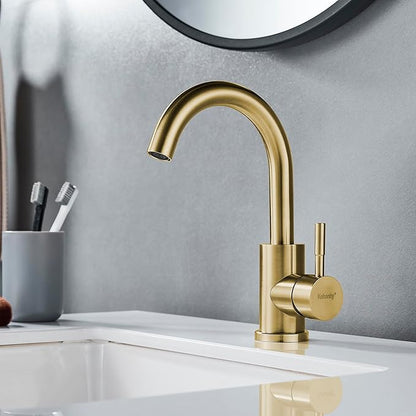 Wet Bar Sink Faucet Single Hole Brushed Gold, Modern Single Handle Bathroom Sink Faucet Commercial Stainless Steel Prep Sink Faucet