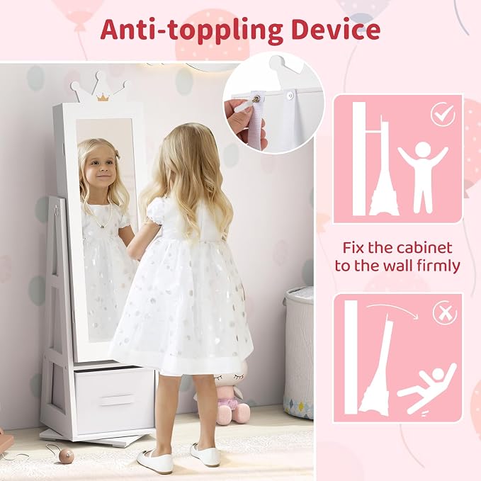 CHARMAID 360° Swivel Kids Jewelry Cabinet, 47" Full Length Mirror with Jewelry Storage, Jewelry Armoire with Drawer and Back Shelf, Kids Vanity Dressing Mirror Jewelry Organizer for Girls (White)