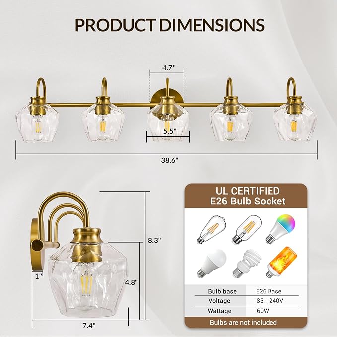 Brushed Gold Vanity Light, 5 Light Bathroom Light Fixtures with Clear Diamond-Shape Hammered Glass, Brass Vintage Ripple Wall Lights for Hallway, Bedroom, Anti-Rust, E26 Base (No Bulbs)