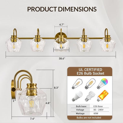 Brushed Gold Vanity Light, 5 Light Bathroom Light Fixtures with Clear Diamond-Shape Hammered Glass, Brass Vintage Ripple Wall Lights for Hallway, Bedroom, Anti-Rust, E26 Base (No Bulbs)
