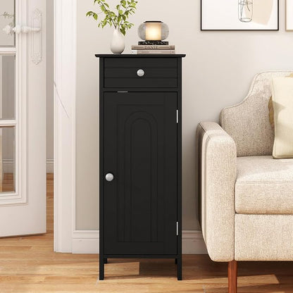 GIANTEX 34.5" Bathroom Cabinet with Drawer & Single Door (Black) | Narrow Side Storage Organizer with 6 Shelf Positions, Freestanding Floor Storage Cabinet for Bathroom, Living Room, Entryway