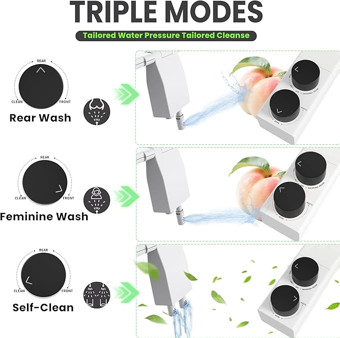 Toilet Bidet With Left/Right Side Reversible Design, Fresh Water, Non-Electric, Toilet Bidet Attachment, Right/Left Hand Side with Dual Nozzle, Self-Clean, Easy to Install (Black Knob)