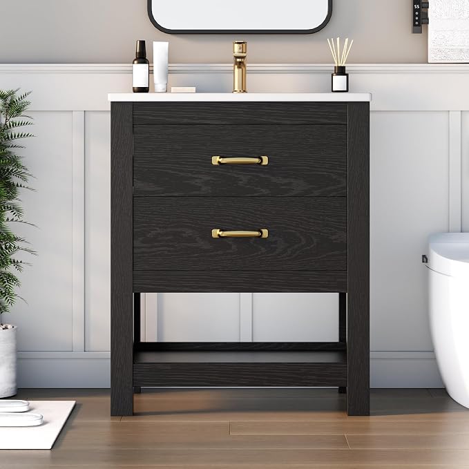 Bathroom Vanity with Sink, 24 Inch Small Bathroom Storage Cabinet with Double Drawers, Freestanding Modern Bathroom Cabinet with Open Bottom Shelf & LED Light, Black