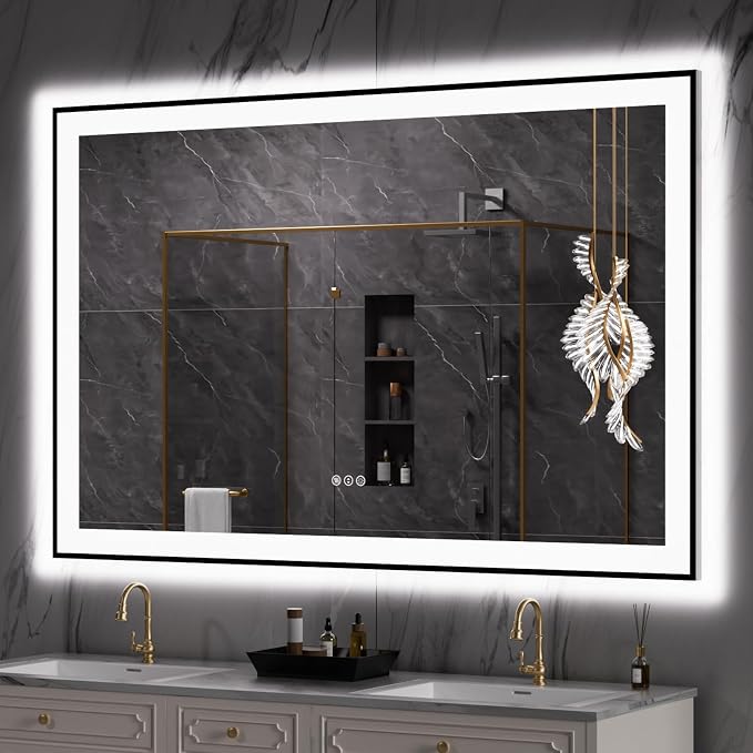 LOAAO 55"X36" LED Bathroom Mirror Black Framed | Anti-Fog, Dimmable, Memory Function, Tempered Glass, Lighted Vanity Mirror for Wall