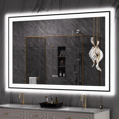 LOAAO 55"X36" LED Bathroom Mirror Black Framed | Anti-Fog, Dimmable, Memory Function, Tempered Glass, Lighted Vanity Mirror for Wall