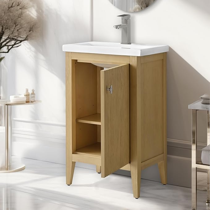 Vanity Art 20 inch Oak Bathroom Vanity with Single Sink & Ceramic Top, Vanity Cabinet with Soft-Closing Door, Solid Wood Frame, Linear Pattern, Natural Oak, VA9120-NO-MB,Matte Black Handles