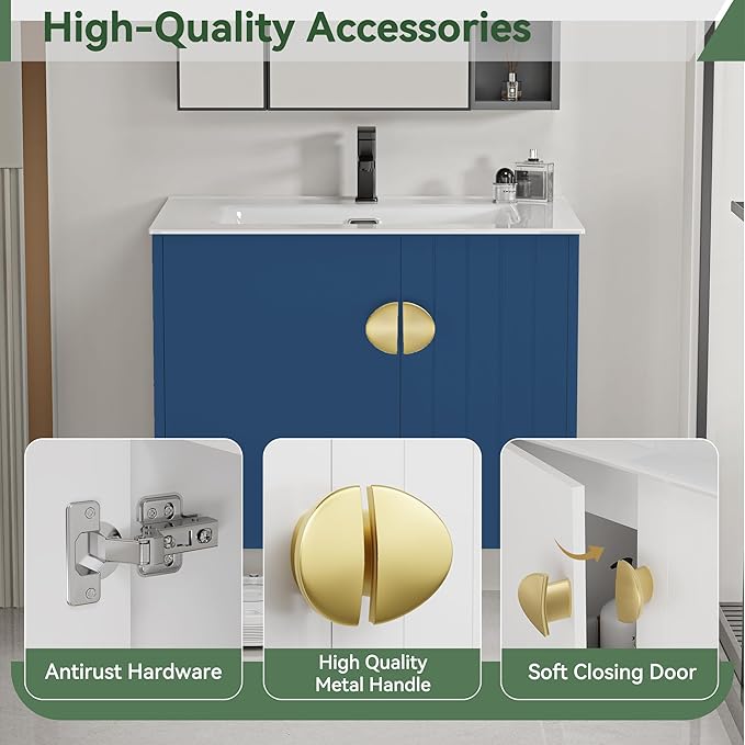 24" Bathroom Vanities Cabinet with Sink Combo, Wall Mounted Floating Storage Cabinet Modern with Ceramic Sink,Soft-Close System, 2 Doors & Metal Handles, Blue
