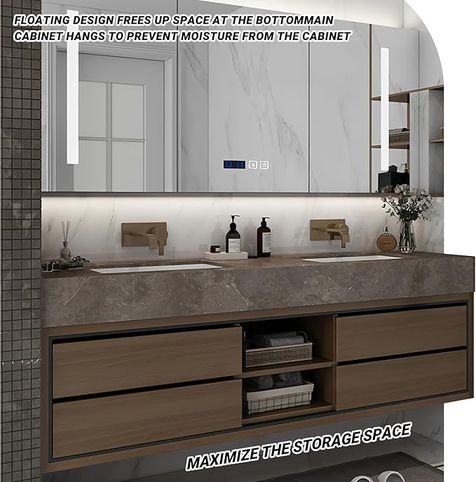 76IN Double Sink Bathroom Vanity, Floating Modern Bathroom Vanity Include Smart Defog Mirror Cabinet with LED Light, Solid Wood Vanities with Integrated Sink and Drawers Storage