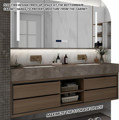68IN Double Sink Bathroom Vanity, Floating Modern Bathroom Vanity Include Smart Defog Mirror Cabinet with LED Light, Solid Wood Vanities with Integrated Sink and Drawers Storage