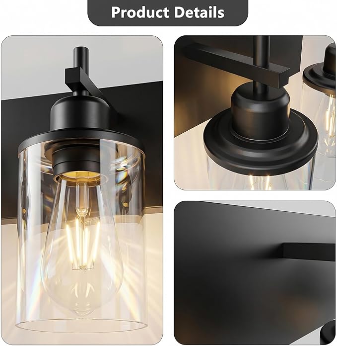 3-Light Black Bathroom Light Fixture Over Mirror Modern Farmhouse Bathroom Vanity Light Vintage Wall Lighting with Clear Glass Shade for Bathroom, Bedroom, Hallway, Cabinet