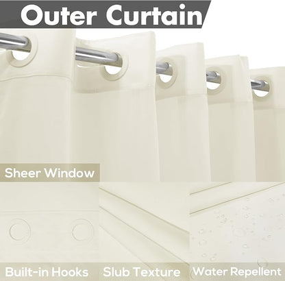 Long No Hook Slub Textured Shower Curtain with Snap-in PEVA Liner Set - 71" x 80"(78"), Hotel Style with See Through Top Window, Cream Fabric Curtain & Waterproof Liner, Sand,W71xH78 | Snap on/off Waterproof PEVA Liner, See Through Top Window, Slub Tex...