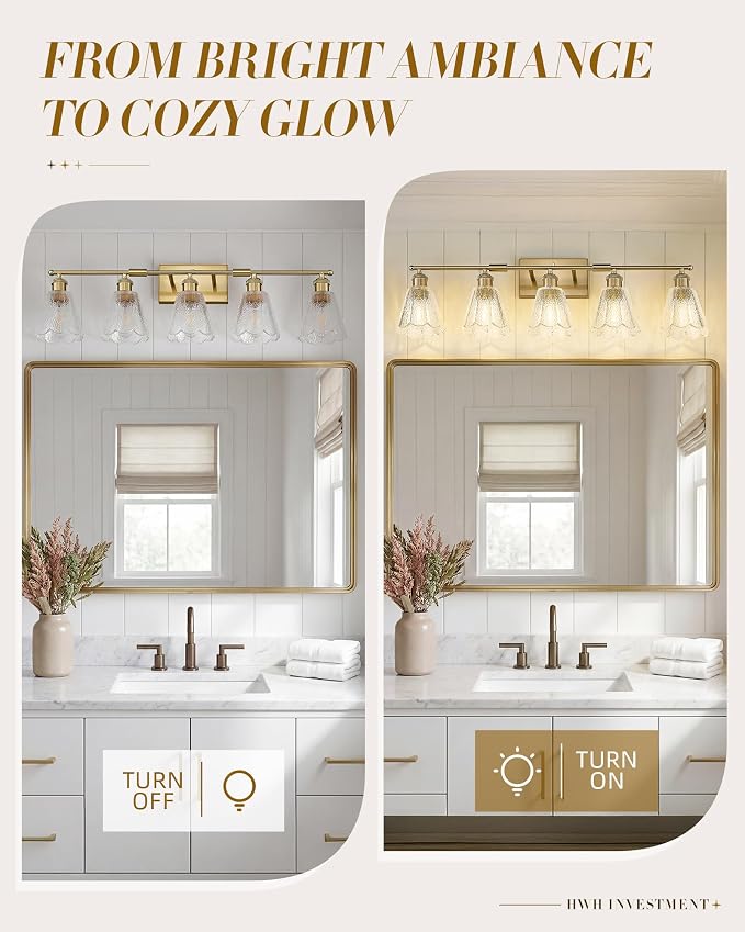 HWH 5-Light Bathroom Vanity Light Fixtures, Brushed Brass Modern Wall Lights with Clear Floral Glass, Vintage Wall Sconce Lighting for Mirror, Bedroom, 5HJX110B-5W BG