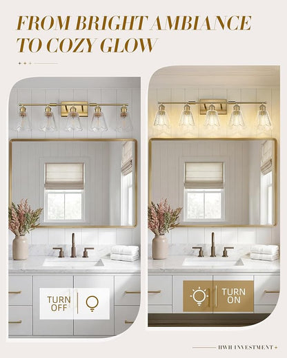 HWH 5-Light Bathroom Vanity Light Fixtures, Brushed Brass Modern Wall Lights with Clear Floral Glass, Vintage Wall Sconce Lighting for Mirror, Bedroom, 5HJX110B-5W BG