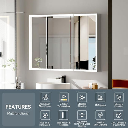 LED Lighted Medicine Cabinet with Mirror, 48x32 Inches, Recessed or Wall Mounted, Anti-Fog, 3 Color Temperature, Adjustable Brightness, Bathroom Storage Cabinet