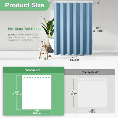 Extra Long Waffle Shower Curtain 256 GSM 72"x84" Moonlight Blue | 84 Inch Long, Thick Cloth, Weighted Hem, Water Repellent, Tall Hotel Luxury Polyester Shower Curtains for Bathroom 12 Hooks