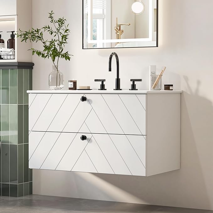 Floating Vanity with Sink 30", Bathroom Vanities Cabinet with White Ceramic Sink, 2 Large Storage Drawers with Soft-Close System, Wall Mounted, Easy Cleaning