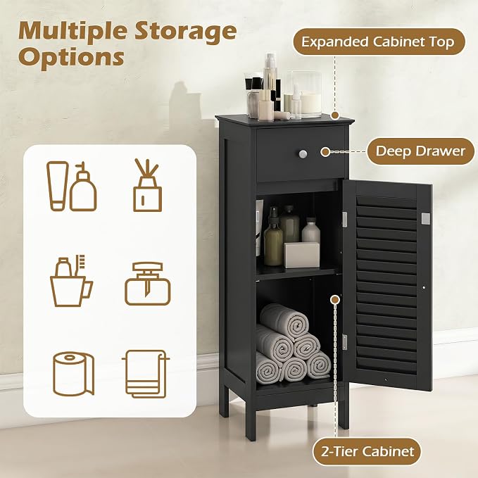 GIANTEX Bathroom Floor Storage Cabinet with Door and Drawer, Black | Freestanding Side Cabinet with 3-Height Adjustable Shelf, Slim Cupboard, Storage Organizer Cabinet for Bedroom Living Room