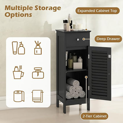 GIANTEX Bathroom Floor Storage Cabinet with Door and Drawer, Black | Freestanding Side Cabinet with 3-Height Adjustable Shelf, Slim Cupboard, Storage Organizer Cabinet for Bedroom Living Room