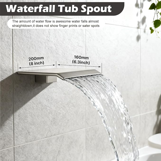 Midanya Shower System with Tub Spout,16 Inch Shower Head,Brushed Nickel | with Valve & Trim Kit,Square Rain Head,Handheld Sprayer,Waterfall Spout,All Metal Wall Mount Bathroom Shower Tub Faucet Set