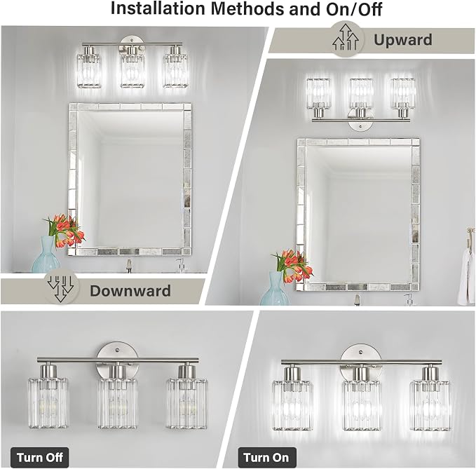 3 Light Bathroom Light Fixtures, Modern Crystal Vanity Lights over Mirror | Metal Frame, Bathroom Light with Square Crystal Shade, ETL Certified, E26 Ceramic Socket, Bulbs Not Included