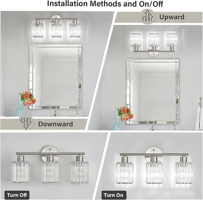 3 Light Bathroom Light Fixtures, Modern Crystal Vanity Lights over Mirror | Metal Frame, Bathroom Light with Square Crystal Shade, ETL Certified, E26 Ceramic Socket, Bulbs Not Included
