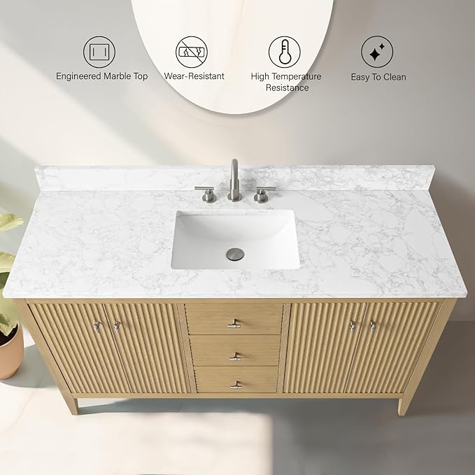 Vanity Art 60 inch Oak Bathroom Vanity with Single Sink & Ceramic Top, Vanity Cabinet with Soft-Closing Door, Solid Wood Frame, Linear Pattern, Natural Oak, VA9160-SNO-MB,Matte Black Handles