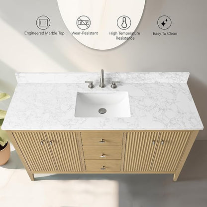 Vanity Art 60 inch Oak Bathroom Vanity with Single Sink & Ceramic Top, Vanity Cabinet with Soft-Closing Door, Solid Wood Frame, Linear Pattern, Natural Oak, VA9160-SNO-MB,Matte Black Handles